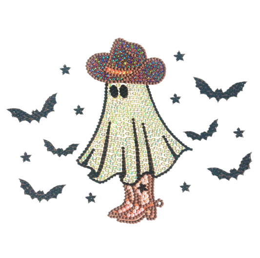 Ghost character wearing a cowboy hat and boots with bats and stars in the background