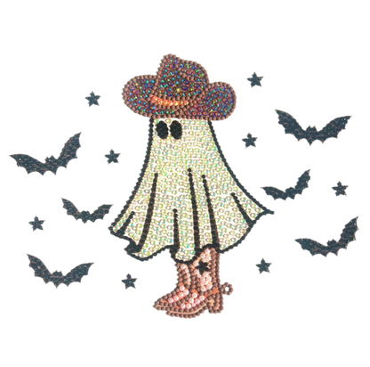 Ghost character wearing a cowboy hat and boots with bats and stars in the background