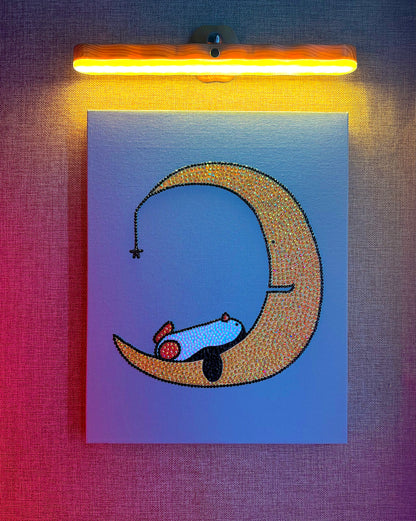 Illustration of a rhinestone-bedazzled canvas art penguin sleeping on a crescent moon with a warm light above.