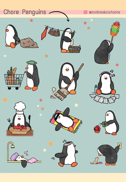 Illustrations of penguins performing various chores on a light blue background.